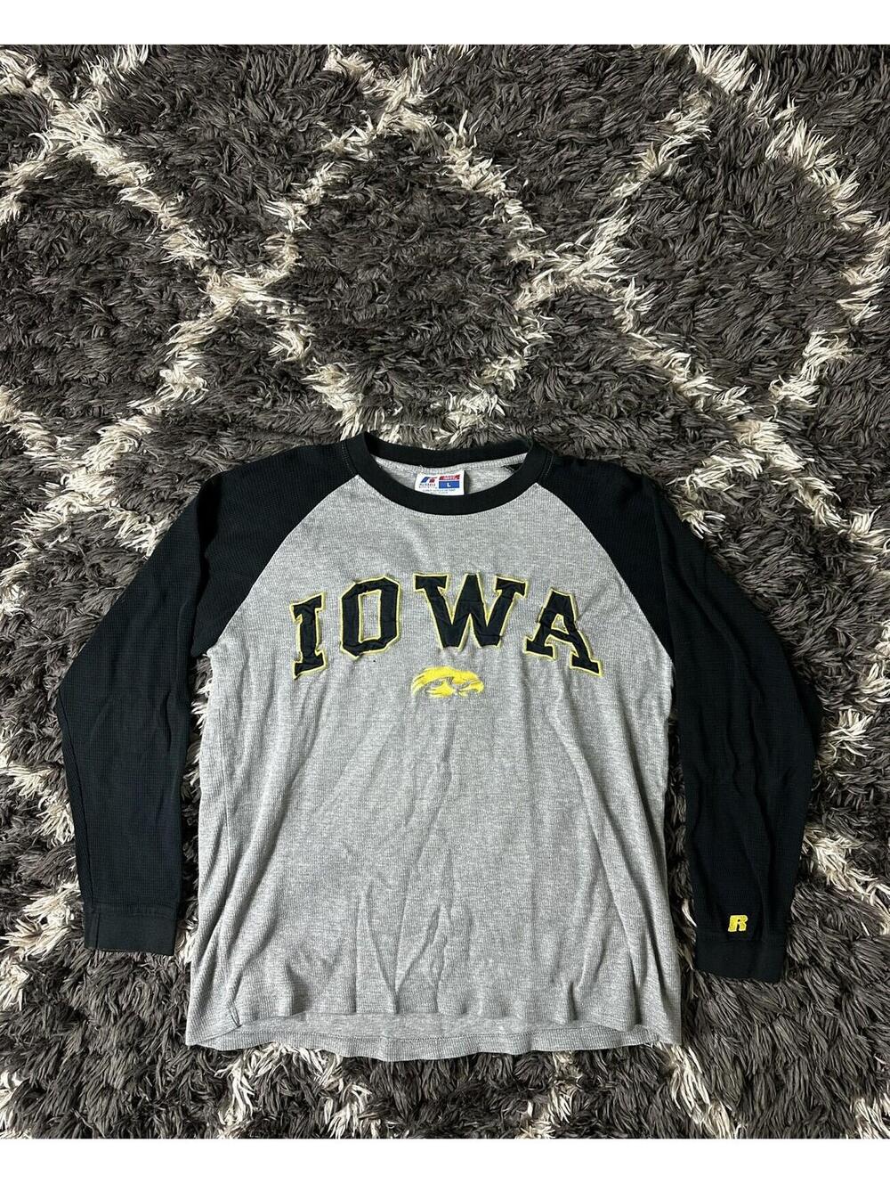 Vintage Russell Athletic Iowa Hawkeyes Large Thermal Waffle Knit Shirt Gray NCAA